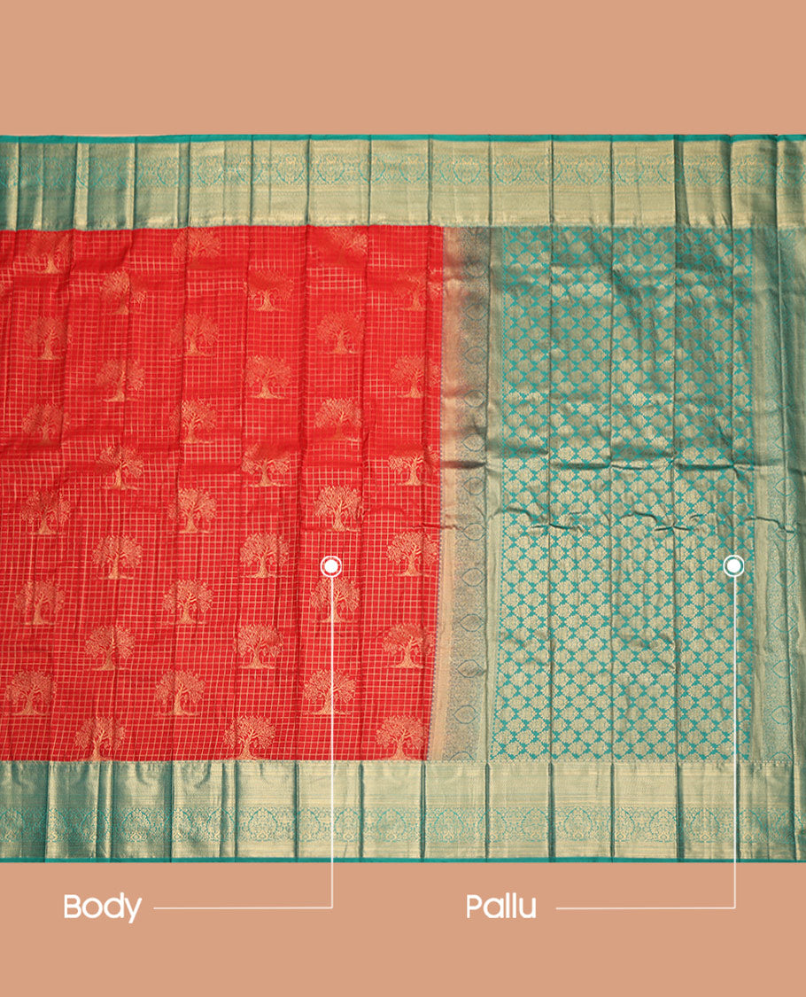 Red Budget Silk Saree, Opulently Embellished with Zari Buttas and Checks, Complemented by Contrast Traditional Zari Border, Intricate Pallu, and Contrast Blouse