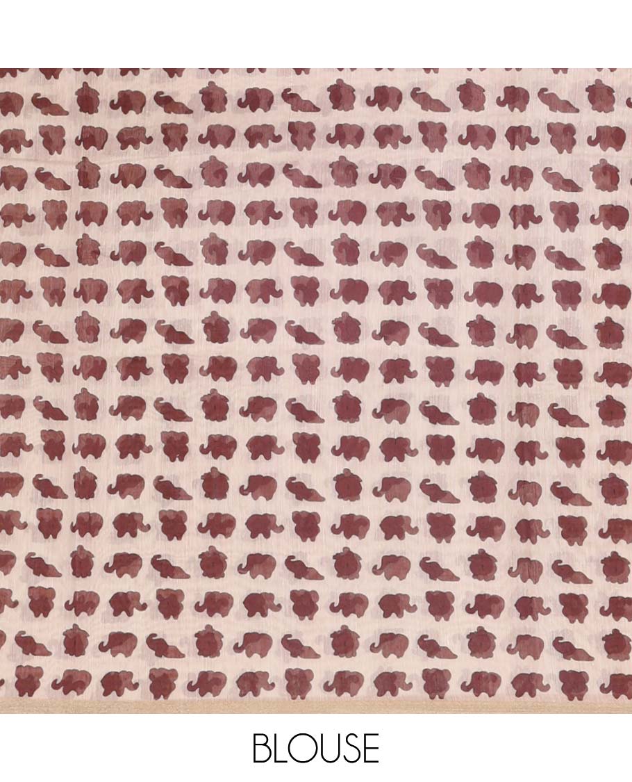 Borderless cream-brown elephant motifs printed linen cotton saree, matching elephant motifs printed blouse