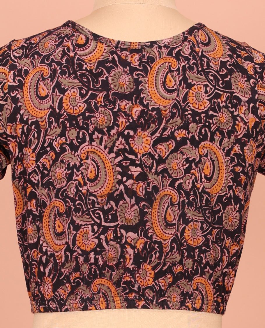 Black Cotton Readymade Blouse Majestically Detailed with All-Over Floral Vine Print, Front High-Neck, Back High Neck, and Elbow Sleeves