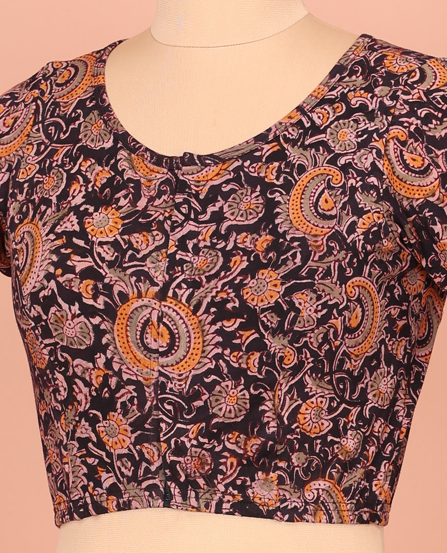 Black Cotton Readymade Blouse Majestically Detailed with All-Over Floral Vine Print, Front High-Neck, Back High Neck, and Elbow Sleeves