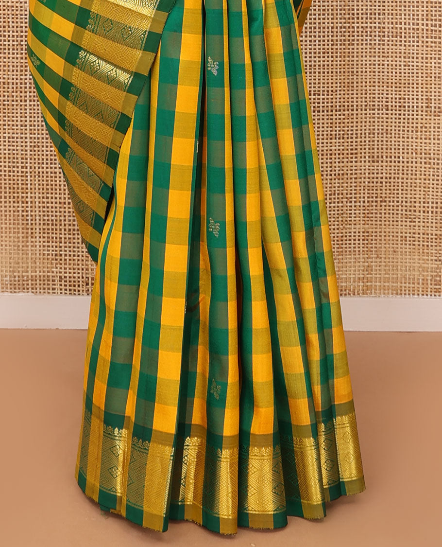Multi-color checked & zari buttas Kanchipuram silk saree, one-sided zari design border & zari design pallu