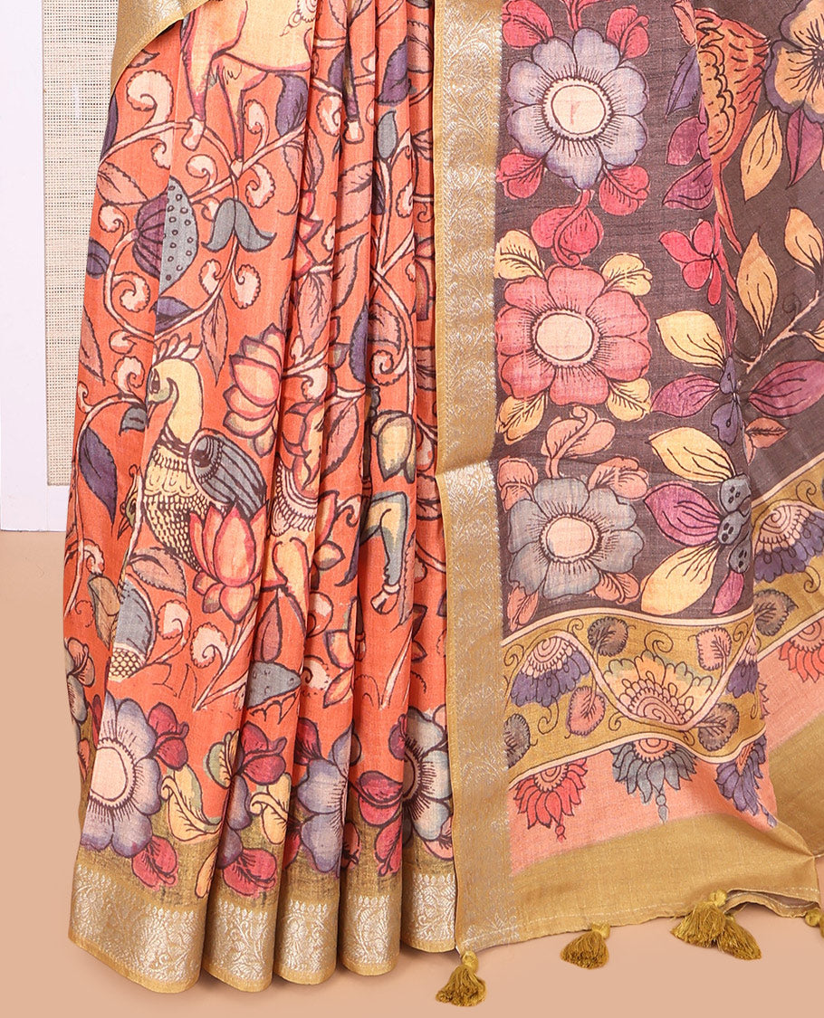 Peach Kalamkari Printed Fancy Tussar Saree