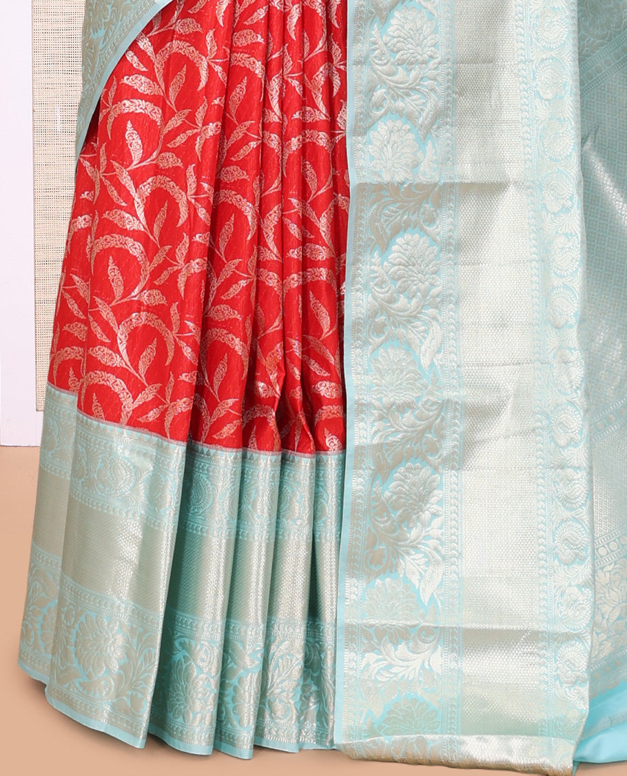 Red-Sky Blue Floral Jacquard Budget Silk Saree