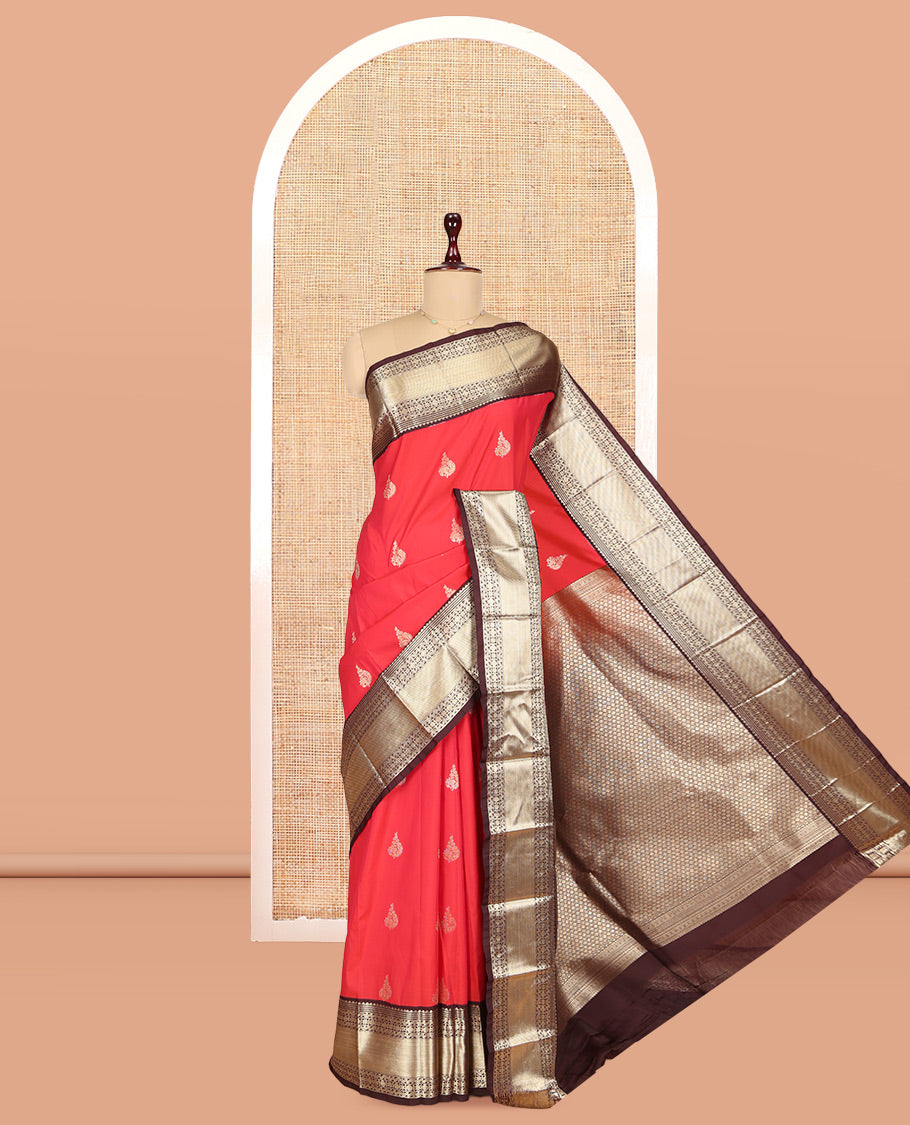 Brick-Coffee Brown Zari Buttas Budget Silk Saree, Contrast Traditional Zari Border, Grand Pallu, a Contrast Blouse