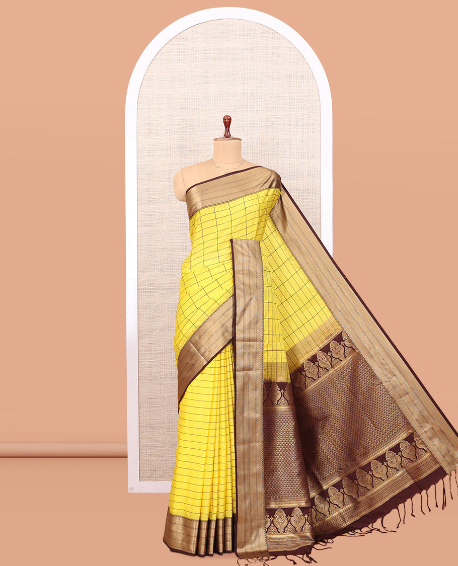 Lemon Yellow Checks Semi-Soft Silk Saree