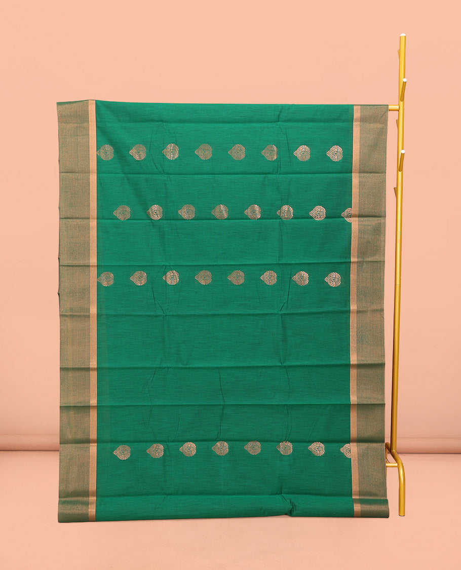 Green Semi-Silk Cotton Saree, Accentuated with Zari Buttas All Over Its Body, Highlighted by a Zari Border, Pallu of Intricate Zari Design, and Paired with a Matching Blouse