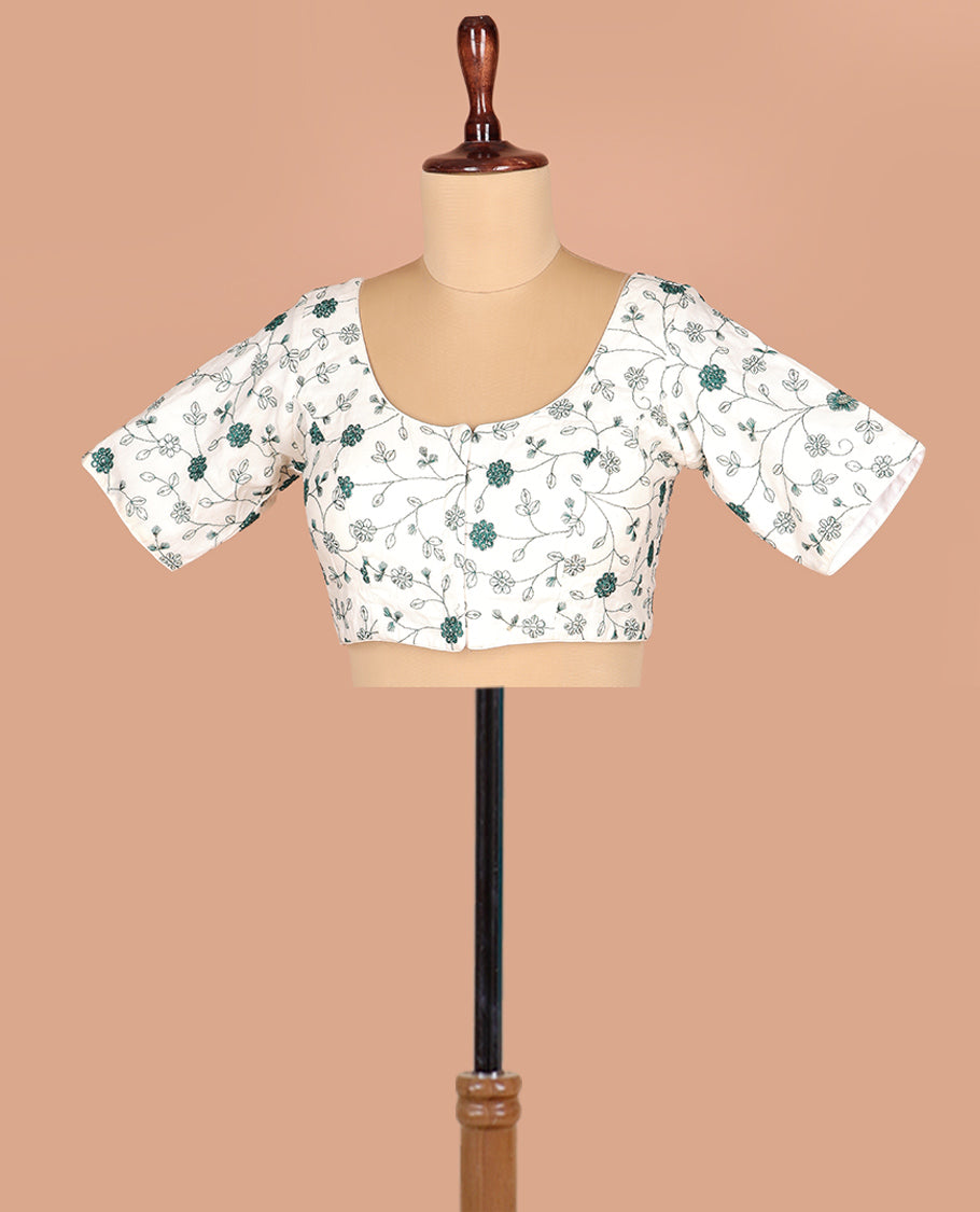 White Readymade Blouse Beautified with Floral Vine Embroidery, Featuring Front Round Neck, Back Round Neck, and Embroidered Elbow Sleeves