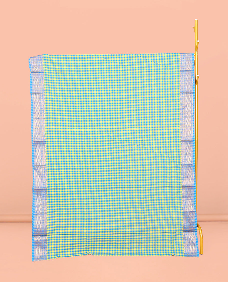 Green-Blue Chettinad Cotton Saree, Adorned with Micro-Checks, Complemented by Traditional Zari Design Border, Striped Pallu, and No Blouse