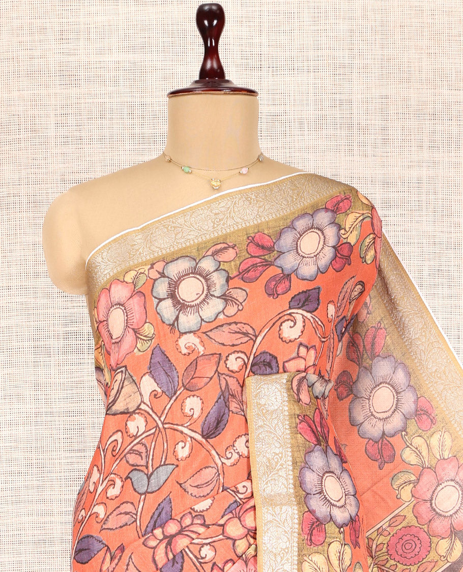 Peach Kalamkari Printed Fancy Tussar Saree