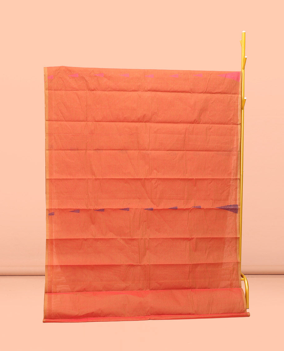 Orange Kanchi Cotton Saree, Steeped with Temple Buttas All Over Its Body, a Subtle Zari Border, Pallu of Triangle Designs, and Paired with a Matching Blouse