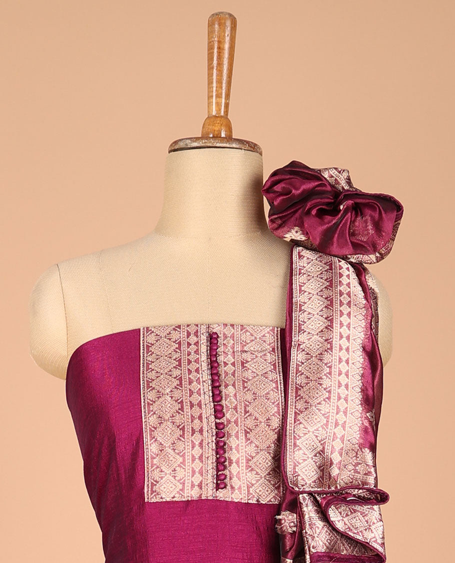 Dark magenta chudidhar matrial vichitra silk neck zari border with bum bum work , santoon material pants & organza banarasi zari border, zari buttas dupatta