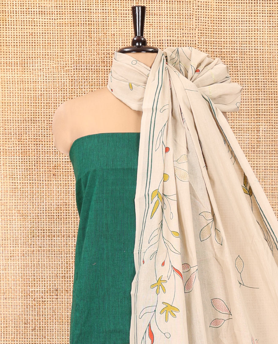 Green Handloom Cotton Material Chudidar Set, Elevated with Floral Design Print On Its Top, Complemented by Contrast Bottom, and Paired with a Contrast Floral Printed Dupatta