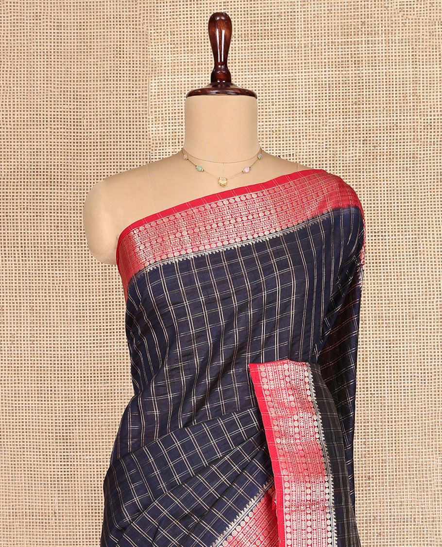 Blue Dupion Silk Saree, Beautified with Zari Micro-Checks, Complemented by a Contrast Traditional Zari Design Border, Zari Striped Pallu, and a Contrast Blouse