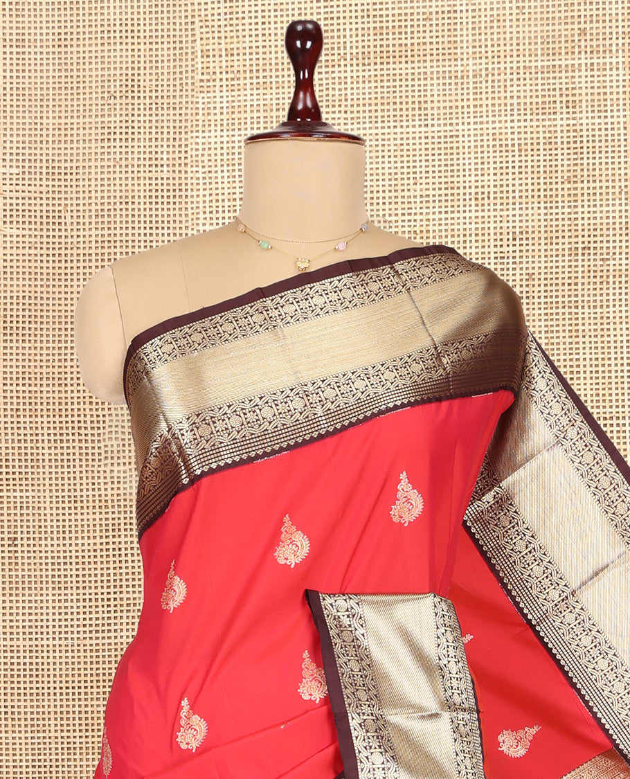 Brick-Coffee Brown Zari Buttas Budget Silk Saree, Contrast Traditional Zari Border, Grand Pallu, a Contrast Blouse