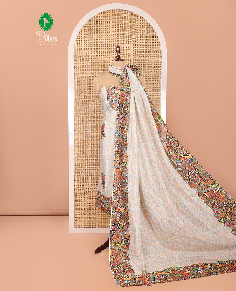 Cream Semi-Silk Material Chudidar, Goddess Durga-Theme Printed Top, Santoon Bottom, and Printed Dupatta