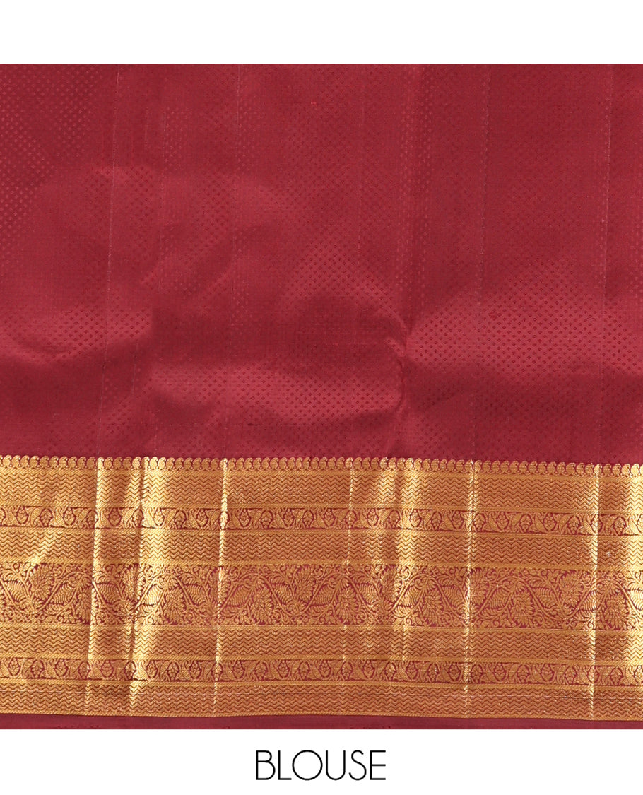 Maroon Kanchipuram Designer Silk Saree, Enriched with Geometric Jacquard Designs, Zari Border of Manga Mokku, Vanki, and Kodi Visiry Designs, Jaal Pallu, and a Matching Blouse