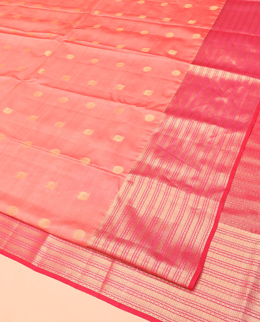 Peach Vasundhara Lite Silk Mix Saree, Adorned with Mayil and Chakram Buttas All Over Its Body, Complemented by Contrast Traditional Zari Designs Woven Border, Grand Geometric Patterned Pallu and Paired with a Contrast Blouse