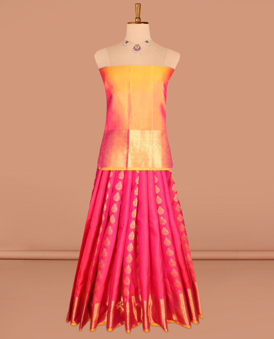 Pink Pure Silk Pavadai Material, Mesmerized with Zari Buttas on Its Skirt, a Contrast Traditional Zari Border, and a Contrast Blouse