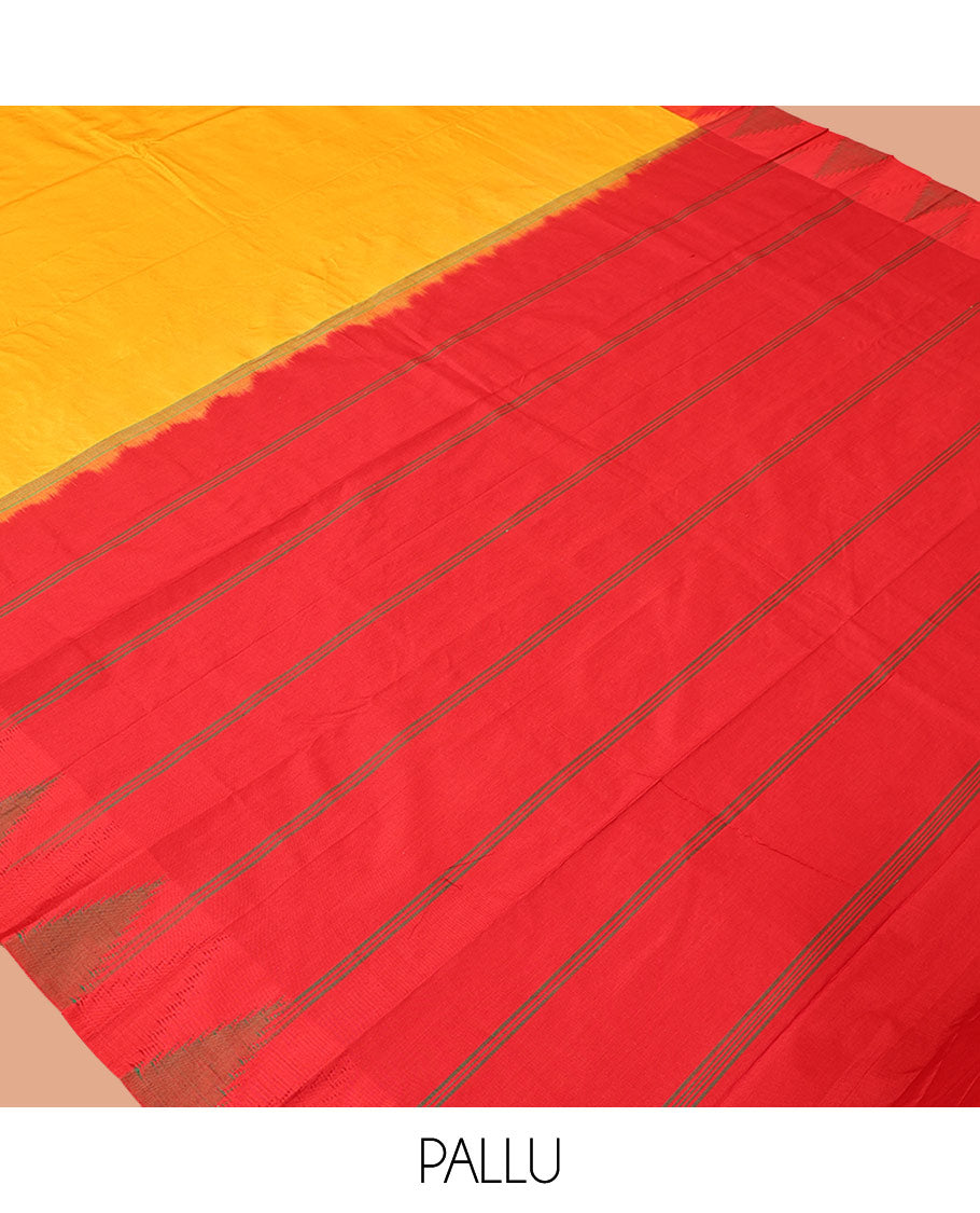 Yellow Plain Bangalore Silk Saree, Complemented by a Contrast Temple Border, Pallu of Stripes, and a Contrast Blouse