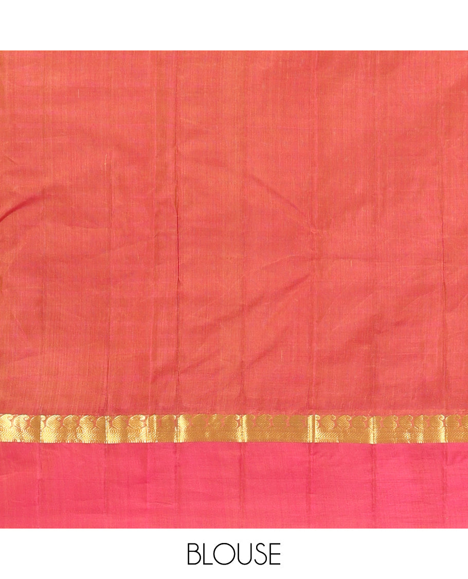 Yellow Striped Kanchipuram Silk Saree, Complemented by a Contrast Kal Eragina Border of Manga, Kathir, and Muthu Design, Pallu of Zari Design, and a Contrast Blouse
