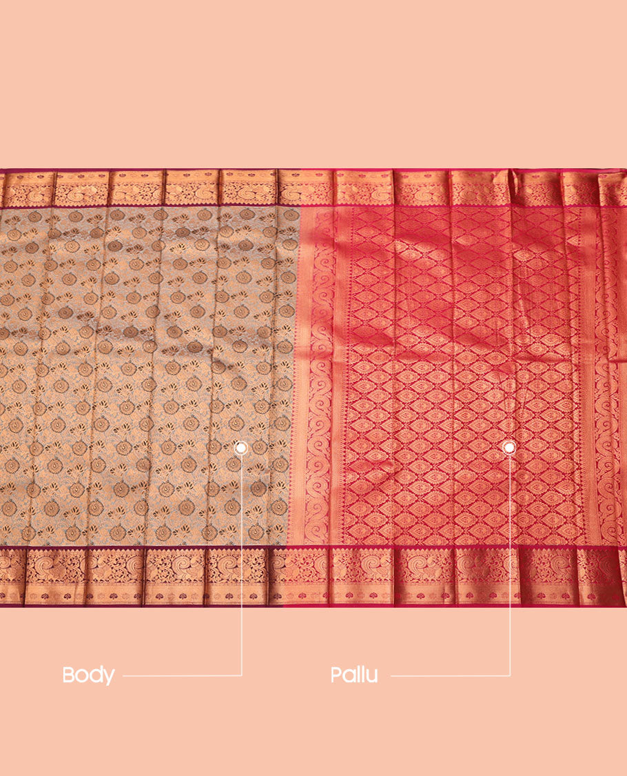 Grey Budget Silk Saree, Graced with Jacquard, Complemented by Contrast Traditional Zari Border, Intricate Pallu, and a Contrast Blouse