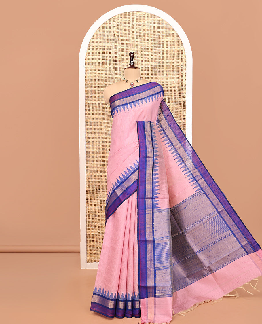 Pink Plain Dupion Silk Saree, Complemented by a Contrast Temple Zari Border, Gleaming Temple Design Pallu, and a Contrast Blouse