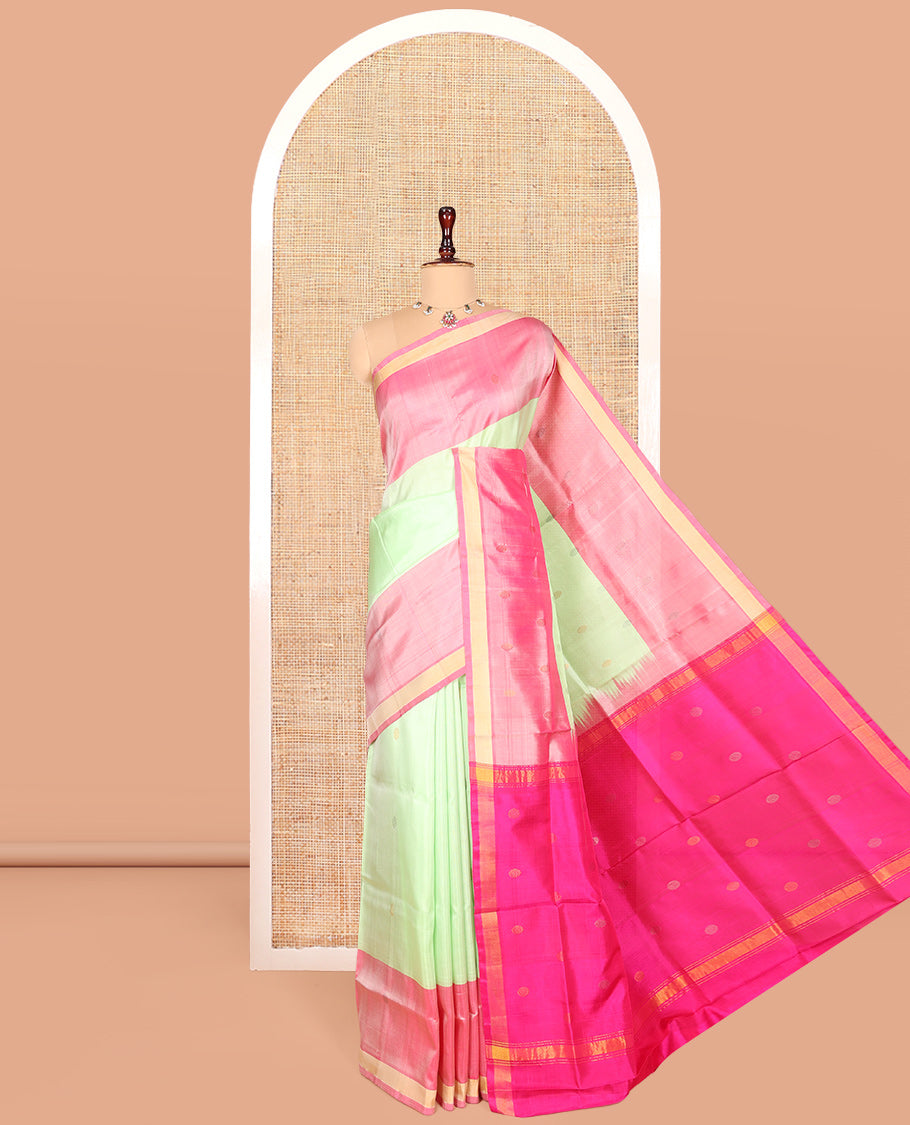 Green Uppada Silk Saree, Decked Up with Buttas, Complemented by a Contrast Buttas Border, Pallu of Zari Designs, and a Contrast Blouse
