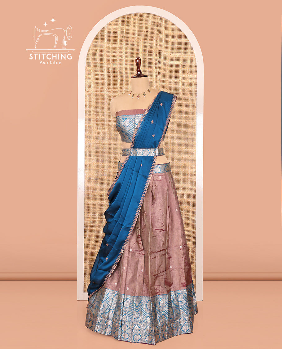 Purple-Blue Banarasi Silk Half-Saree Features Buttas Skirt, Contrast Intricate Border, Matching Blouse, and Embroidery Syska Georgette Dhavani