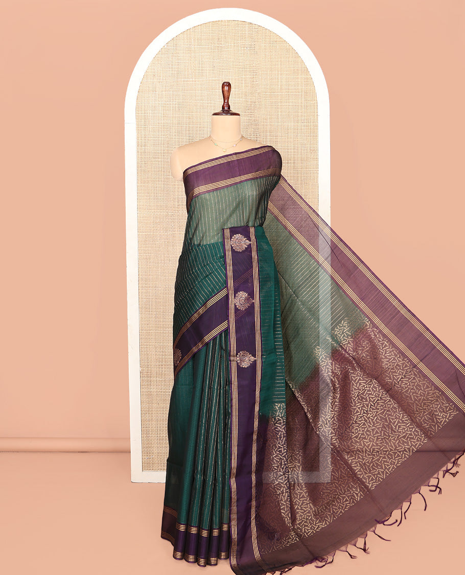 Green Dotted Striped Silk Cotton Saree, Complemented by a Contrast Zari Buttas Border, Intricately Designed Pallu, and a Contrast Blouse