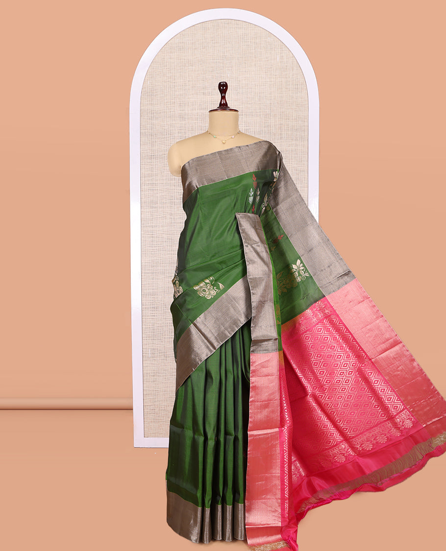 Green Uppada Saree, Detailed with Zari Buttas, a Contrast Bavanji Border, Grand Jaal Pallu, and a Contrast Blouse