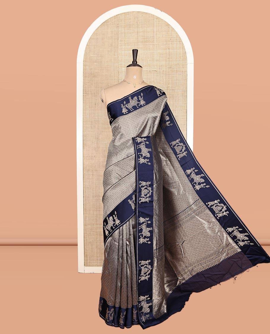 Navy Russian Dola Silk Saree Features Jacquard, Wedding-Themed Border, Jaal Pallu, Matching Blouse