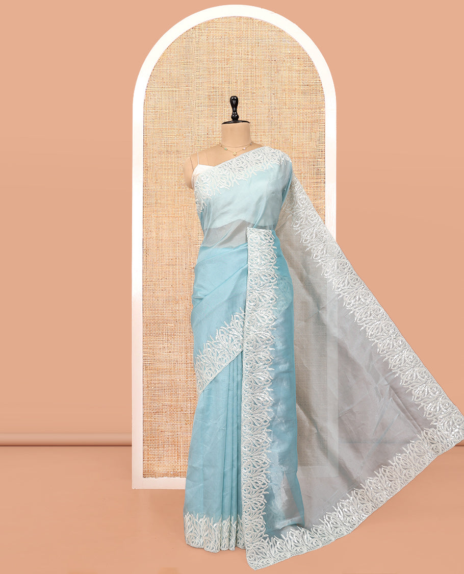 Pale Blue Plain Organza Saree, Floral Vine Sequins Embroidery Border, and Matching Blouse