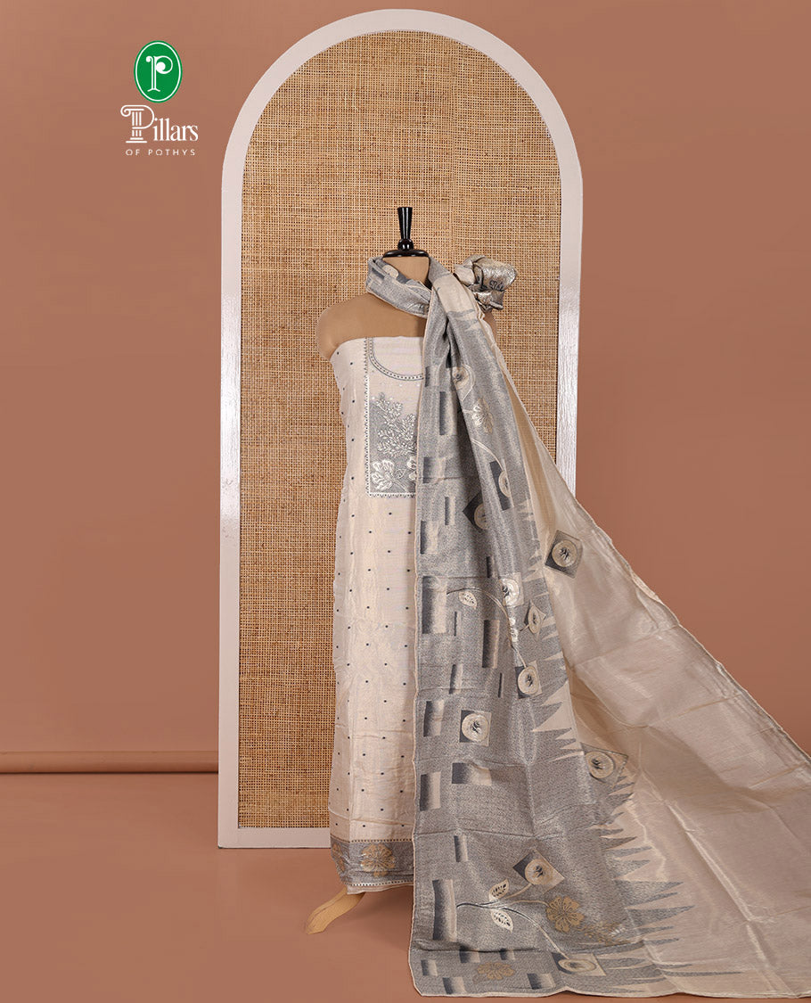 Light Sandal Chanderi Tissue Material Chudidhar Set, Beautified with Polka Dot and Neck Floral Patch Embroidered Top, Plain Bottom, and Chanderi Tissue Dupatta of Floral-Geometric Design Weave