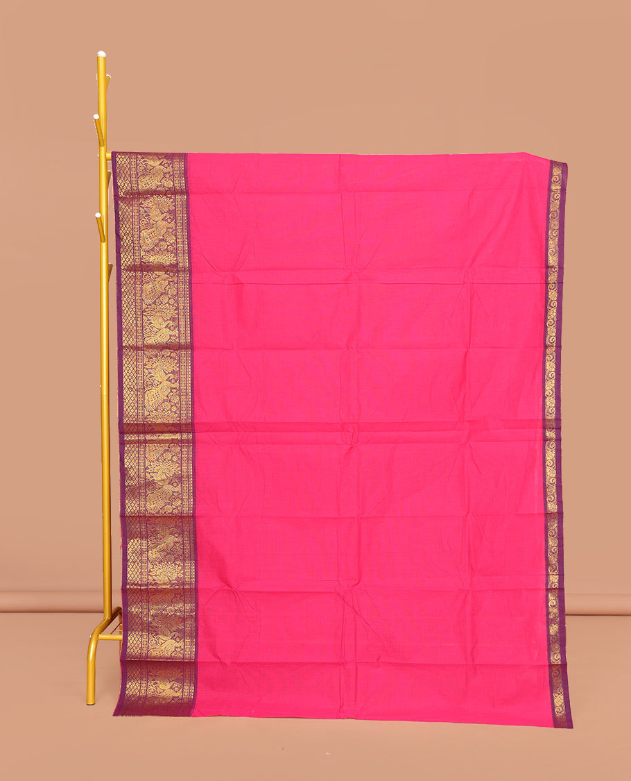 Pink Plain Chettinad Cotton Saree, Complemented by Contrast Traditional Zari Border of Peacock Designs, Pallu of Stripes, and Paired with a Matching Blouse