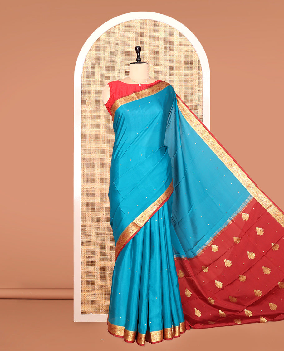 Blue Mysore Silk Saree, Detailed with Buttas, Complemented by a Contrast Traditional Zari Border, Zari Design Pallu, and a Contrast Blouse