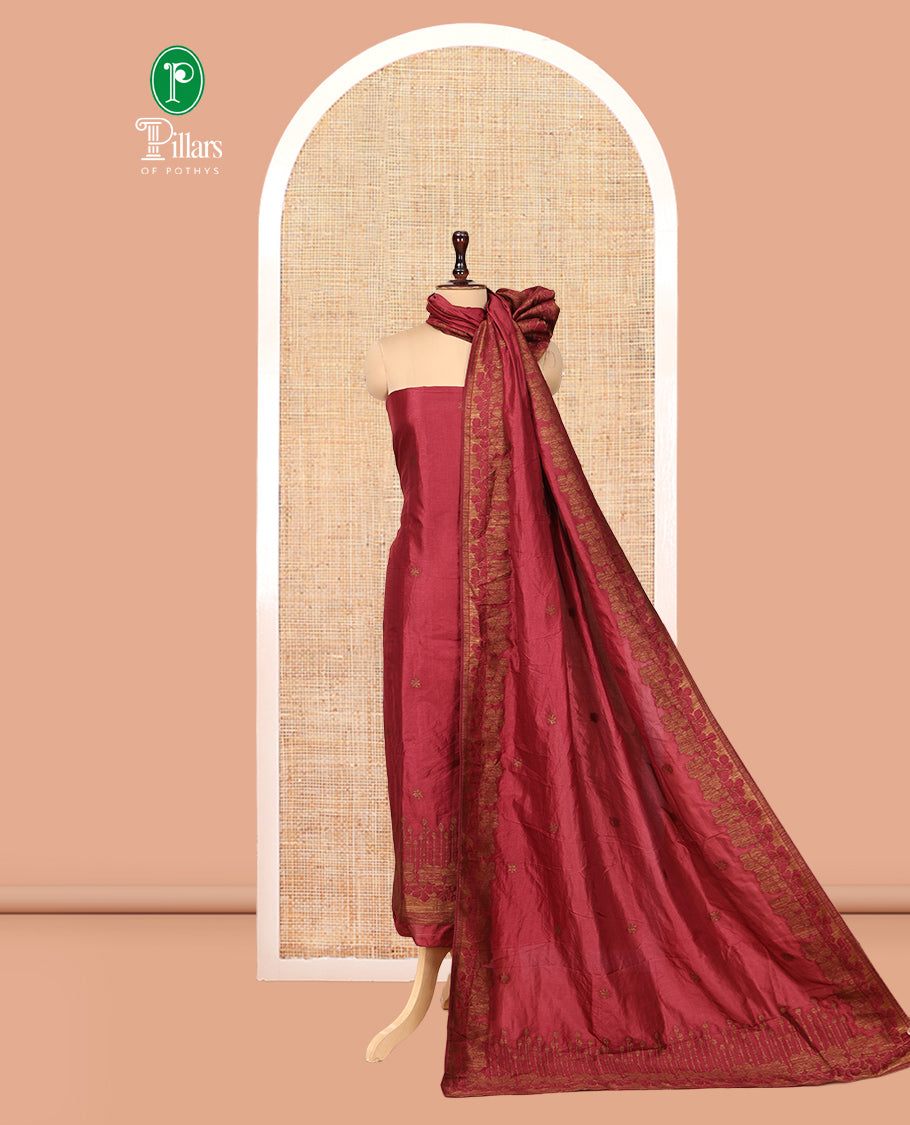 Maroon Semi Silk Material Chudidar Set, Adorned with Copper Zari Intricate Design Woven Top, a Santoon Bottom, Matching Dupatta