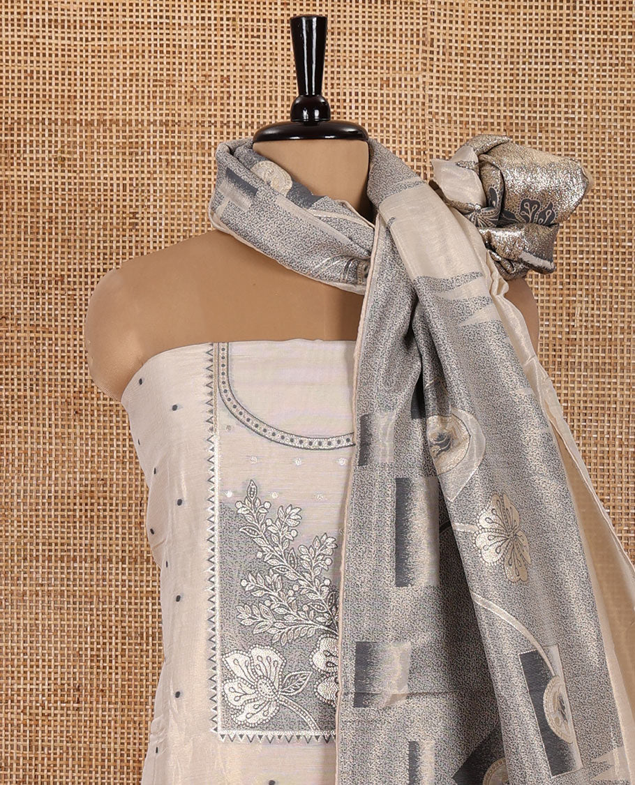 Light Sandal Chanderi Tissue Material Chudidhar Set, Beautified with Polka Dot and Neck Floral Patch Embroidered Top, Plain Bottom, and Chanderi Tissue Dupatta of Floral-Geometric Design Weave