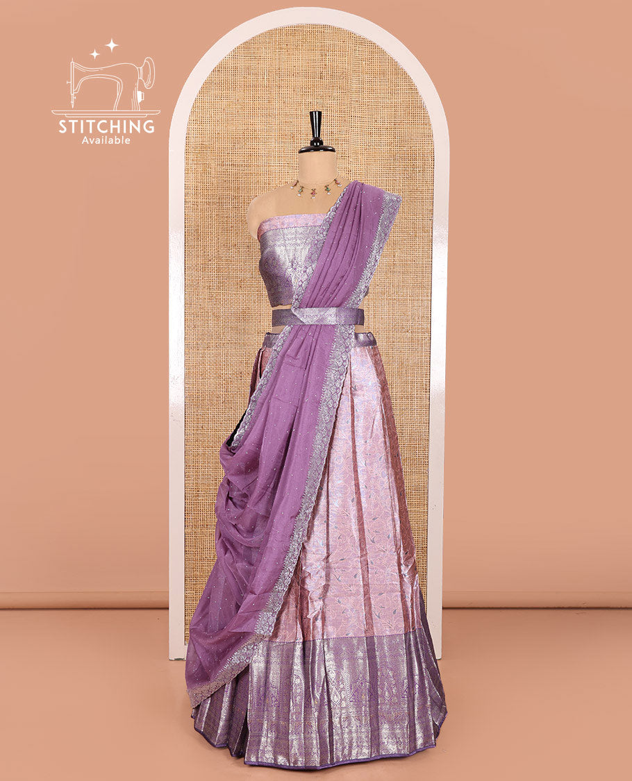 Pink Banarasi Half-Saree Featuring Jacquard Design Skirt, Complemented by Contrast-Rich Zari-Woven Intricate Border, Paired with a Matching Blouse, Contrast Velvet Organza Stone Work Dhavani, and Brocade Belt