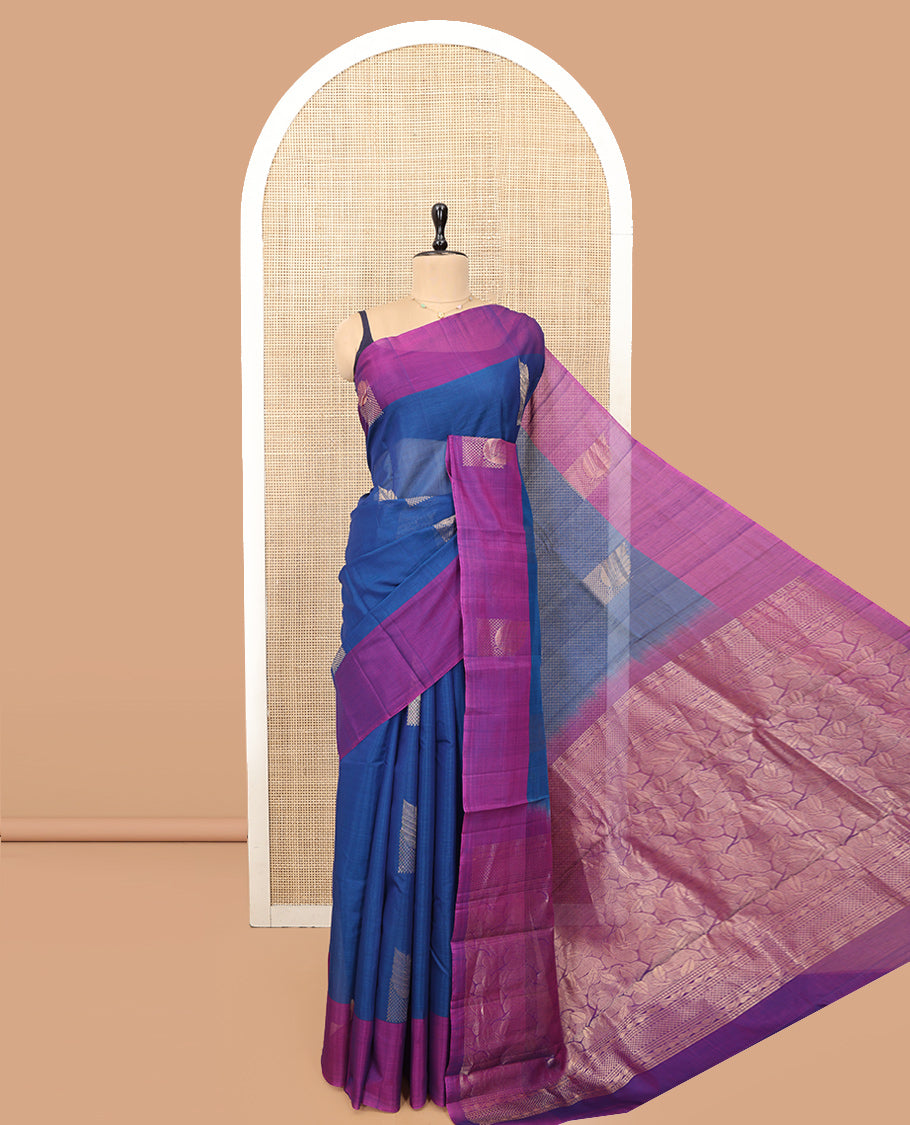Blue Silk Cotton Saree, Accentuated with Zari Buttas, a Contrast Zari Border, Intricate Pallu, and a Contrast Blouse