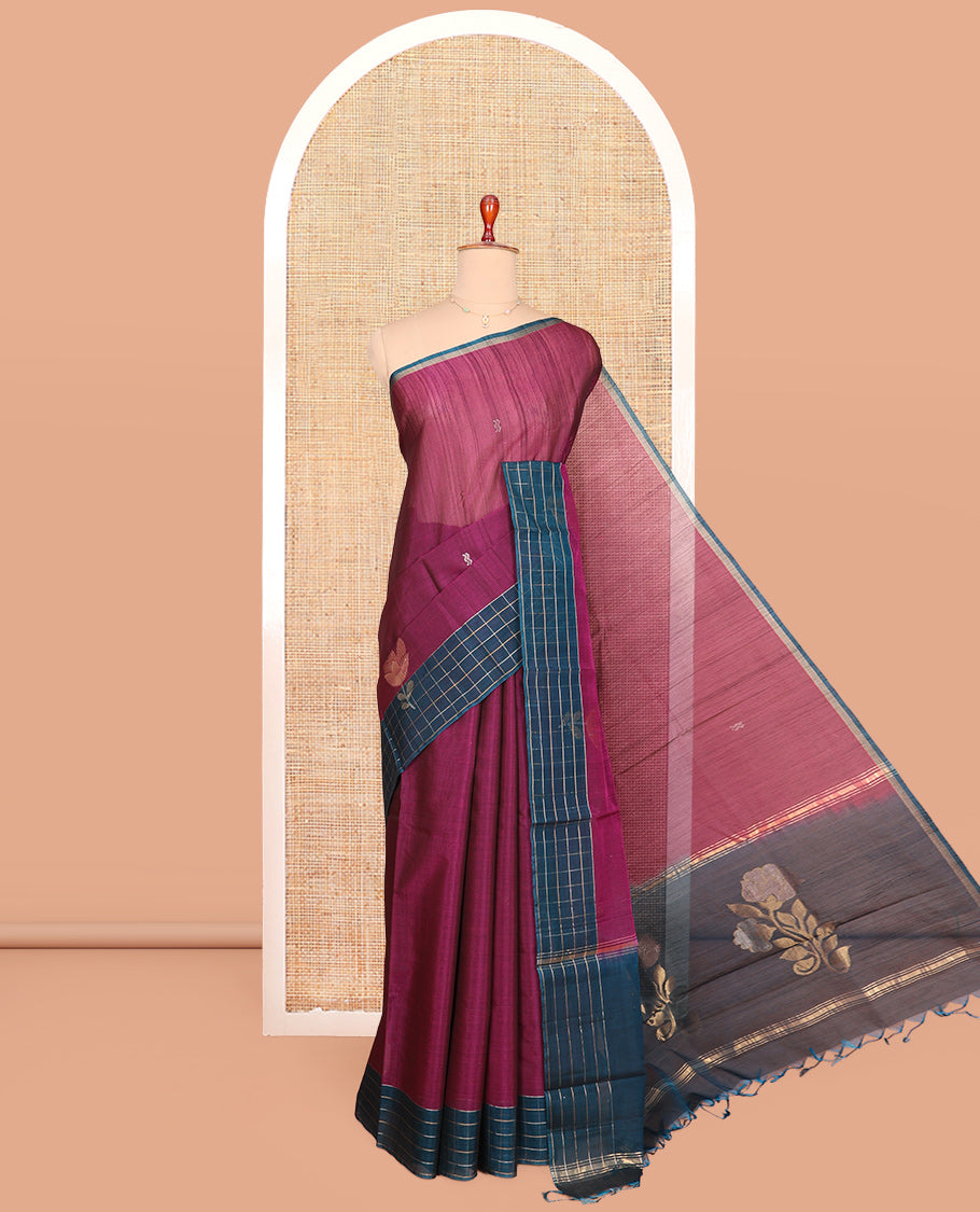 Purple Silk Cotton Saree, Finely Crafted with Buttas, Contrast Checked Border, Floral Motifs Woven Pallu, and a Contrast Blouse