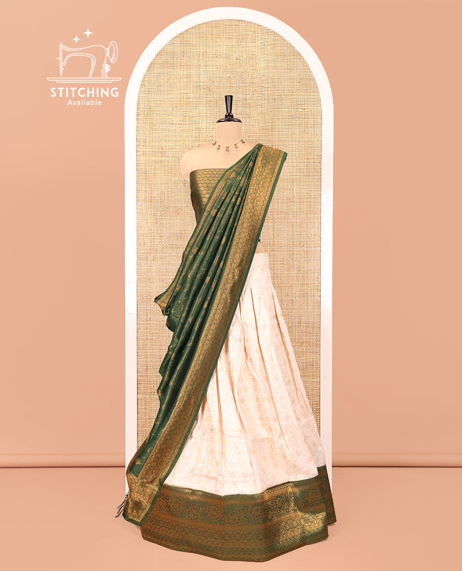 Cream-Leaf Green Banarasi Softy Half-Saree, Adorned with Jacquard, Contrast Traditional Border, Jacquard Blouse, Intricate Dhavani