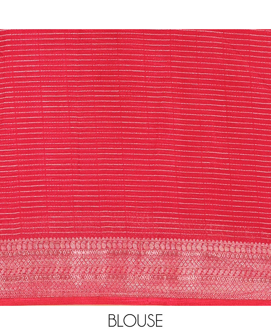 Rani Pink Viscose Georgette Adorned with Horizontal Zari Stripes and Kalamkari Flora-Paisley Prints, Complemented by a Traditional Zari Border, a Printed Pallu with Stripes, and a Matching Blouse