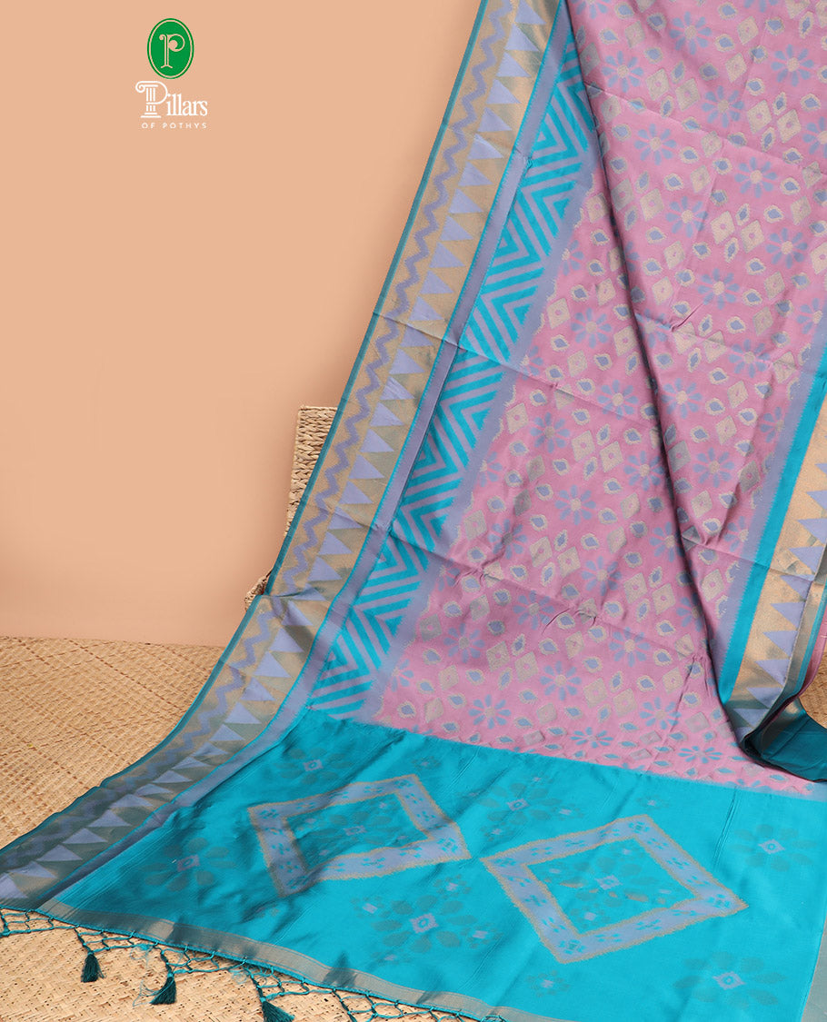 Pink allover zari thread patola weaving design mulburry silk saree with contrast gold zari weaving border & patola weaving rich pallu along with gold zari vertical lining design blouse
