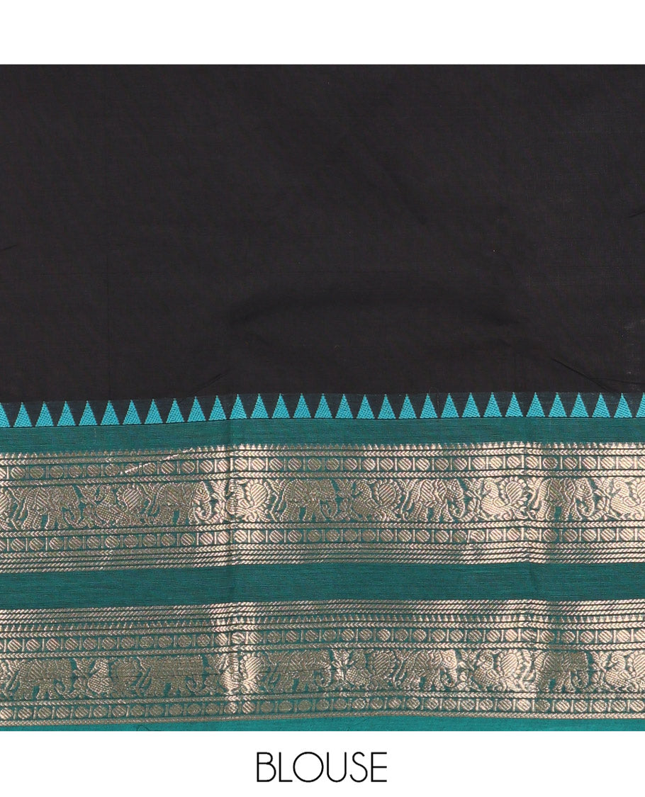 Black Plain Chettinad Cotton Saree, Complemented by a Contrast Peacock-Elephant Temple Border, Striped Pallu, and a Matching Blouse