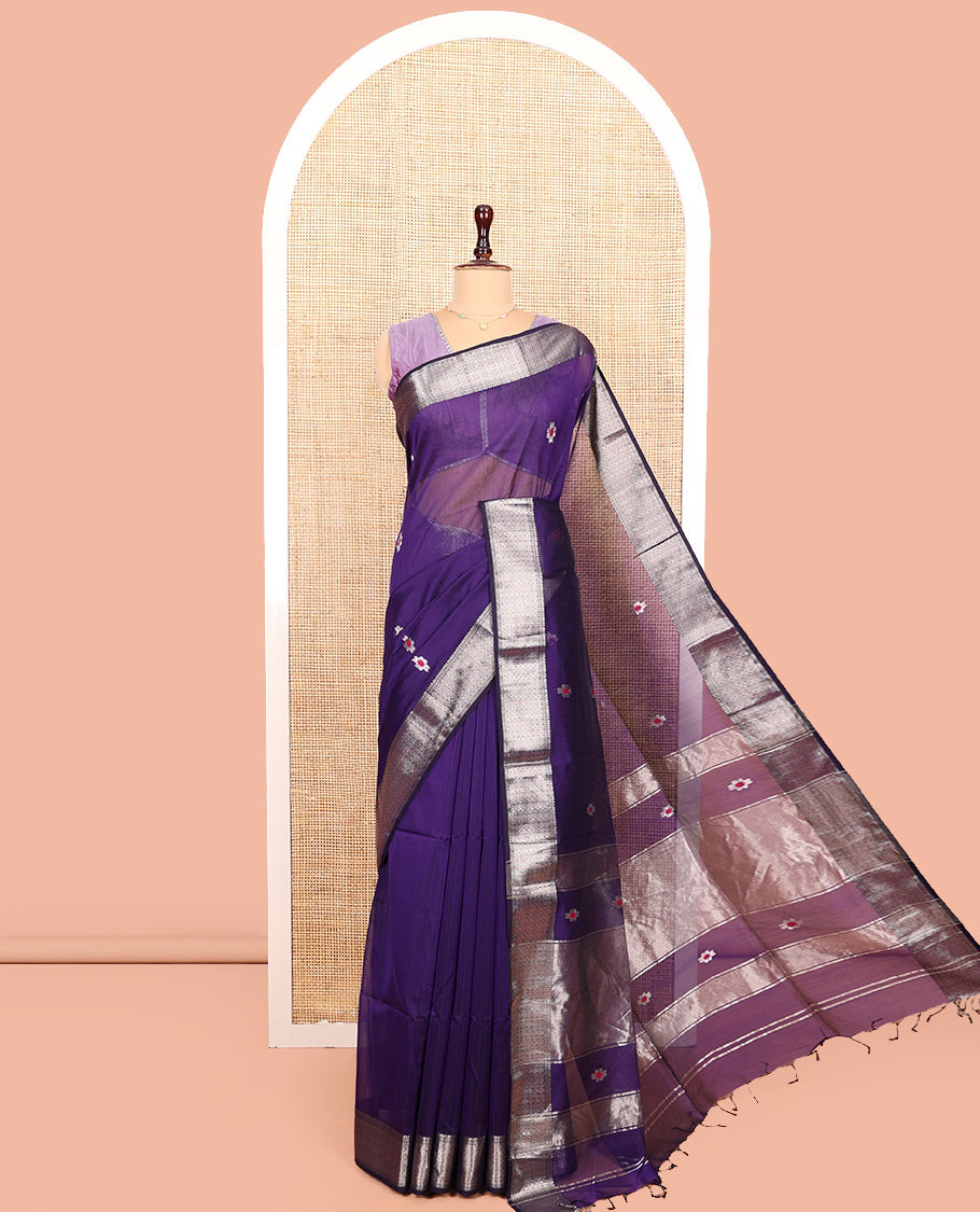 Violet Maheshwari Cotton Saree, Accentuated with Meena Flower Zari Buttas All Over Its Body, Highlighted by Zari Traditional Border, Gleaming Zari Striped Pallu and Paired with a Matching Blouse