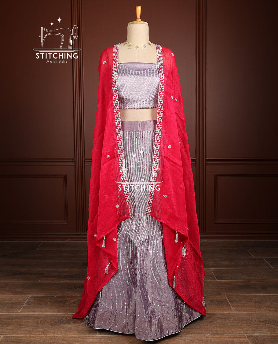 Grey thread embroidery half saree with self border, thread embroidery blouse & floral embroidery scallop border dhavani