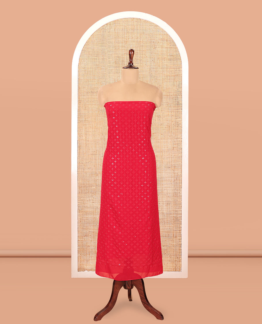 Rani Pink Georgette Material Churidar, Woven with Sequins Embroidered Top, a Matching Bottom, and Embroidered Dupatta