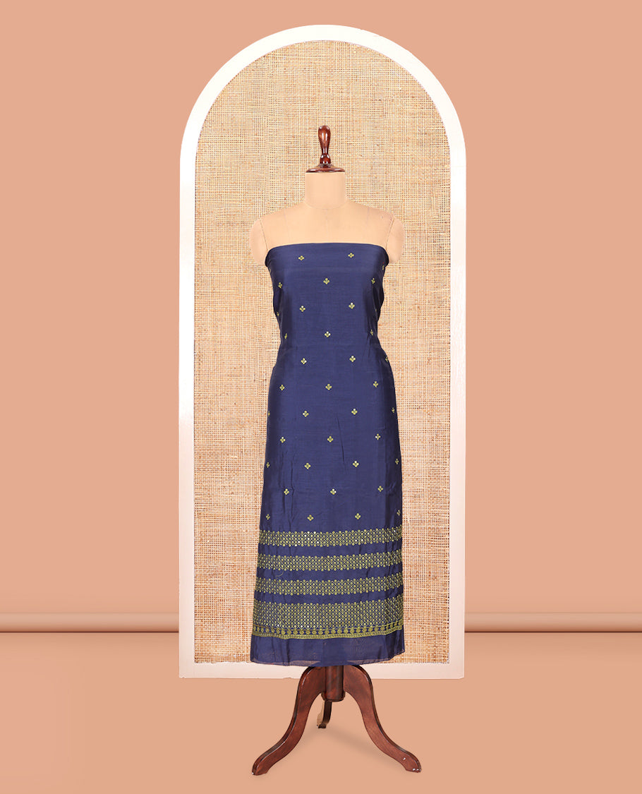 Navy Blue Semi-Silk Material Churidar Thread-Sequins Embroidered Top, a Plain Bottom, a Embroidered Dupatta