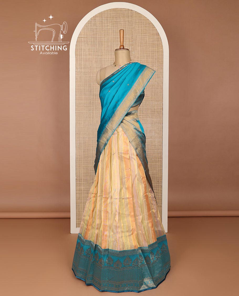 Multi-color striped cottonhalf saree with contrast zari design border, zari design blouse & floral zari design dhavani