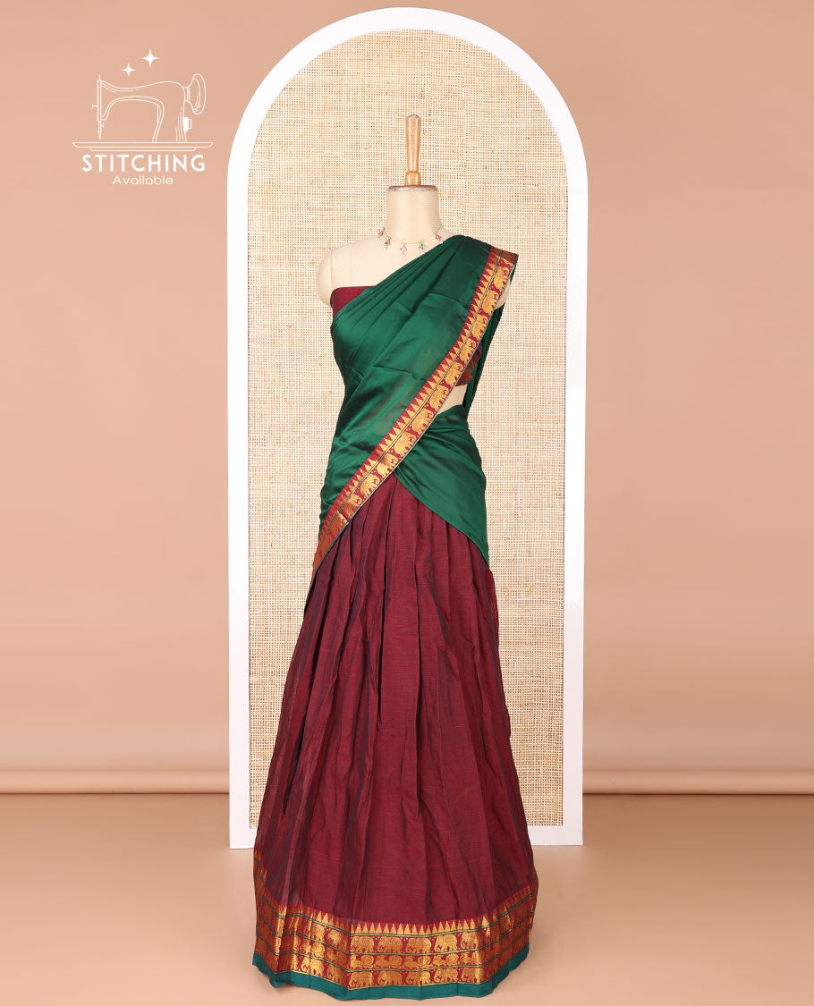 Maroon mercerised cotton daman zari border half saree with cotton blouse & skya georgette one side zari border